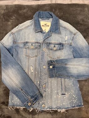 Hollister Light Blue Distressed Paint-Splatter Denim Jacket